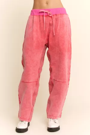 wholesale clothing washed french terry contrast waist barrel pants davi & dani