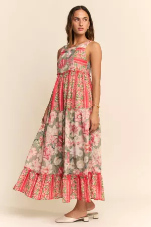 wholesale clothing boho floral blocked tiered maxi dress davi & dani