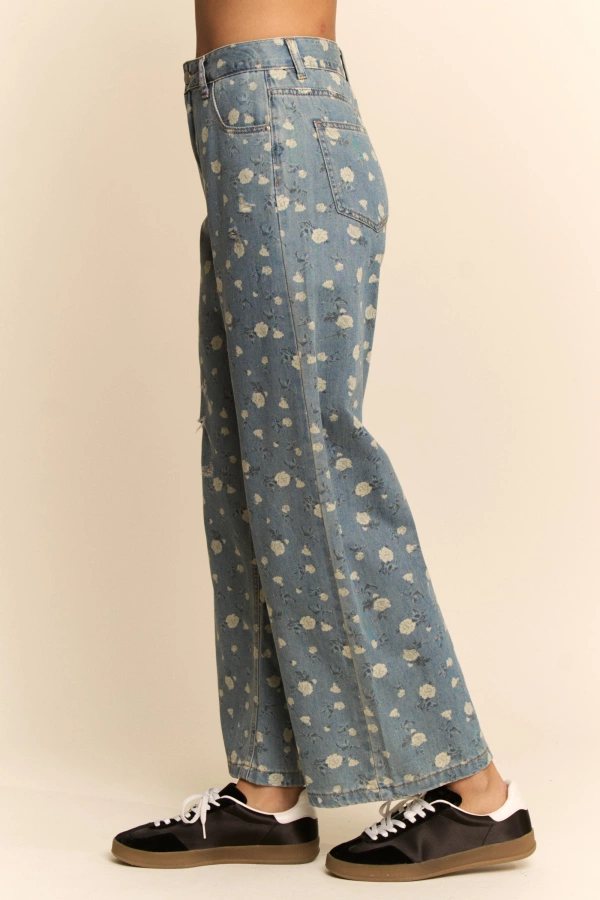 wholesale clothing floral print high-waisted wide-leg denim pants davi & dani