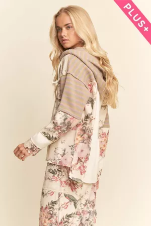 wholesale clothing plus floral denim multi patchwork  hoodied jacket davi & dani