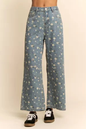 wholesale clothing floral print high-waisted wide-leg denim pants davi & dani