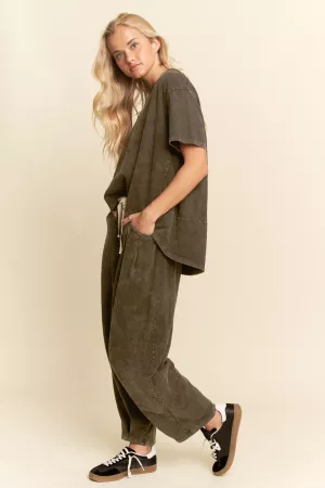 wholesale clothing garment washed short sleeve pleat top pants set davi & dani