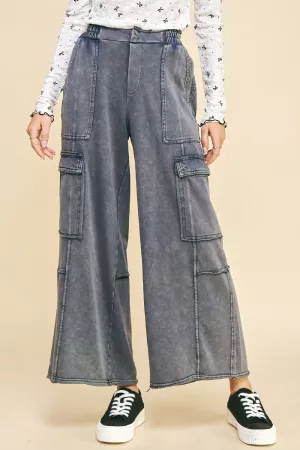 wholesale clothing mineral-washed flap pocketed  knit cargo pants davi & dani