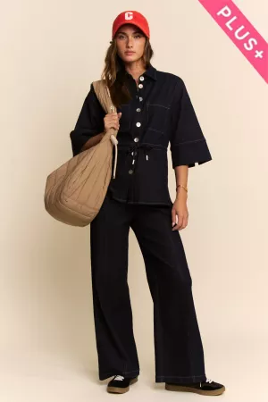 wholesale clothing plus dark wash denim shirt relaxed denim pant set davi & dani