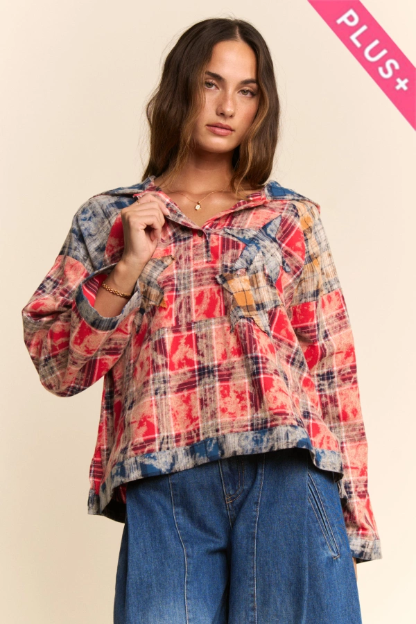 wholesale clothing plus air-spray tie dye patchwork hoodie pull top davi & dani