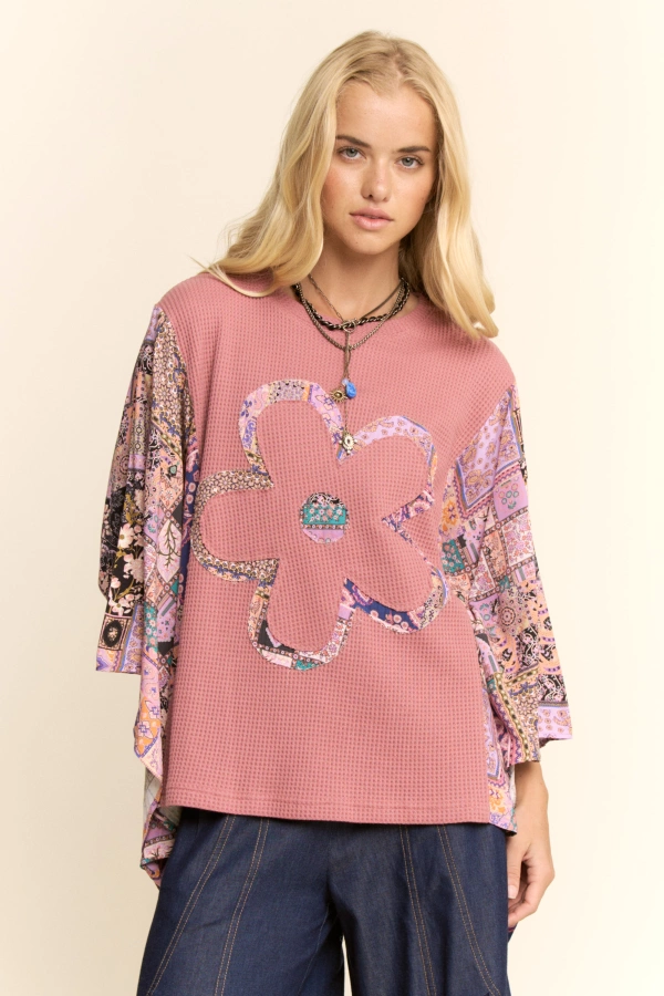 wholesale clothing batwing kimono sleeve stone peace patchwork top davi & dani