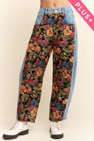wholesale clothing plus floral tapestry panel wide-leg denim pants davi & dani