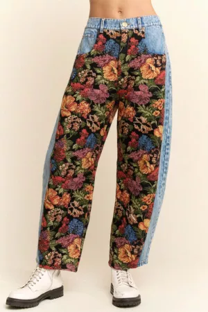 wholesale clothing floral tapestry panel wide-leg denim pants davi & dani