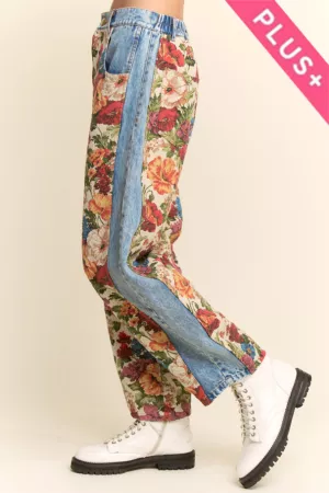 wholesale clothing plus floral tapestry panel wide-leg denim pants davi & dani