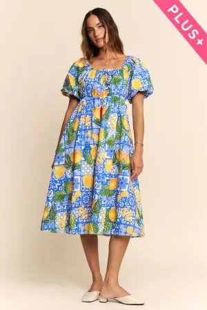 wholesale clothing plus lemon azulejo puffed sleeve smock midi dress davi & dani