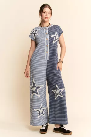 wholesale clothing french terry stripe blocked short sleeve jumpsuit davi & dani