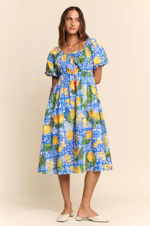 wholesale clothing lemon azulejo puffed sleeve smock midi dress davi & dani