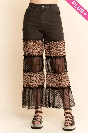 wholesale clothing plus leopard print and dotted ruffle denim pants davi & dani