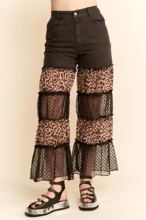 wholesale clothing leopard print and dotted ruffle denim pants davi & dani