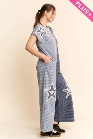 wholesale clothing plus french terry stripe short sleeve jumpsuit davi & dani