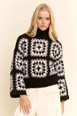 wholesale clothing granny square cropped turtleneck sweater top davi & dani