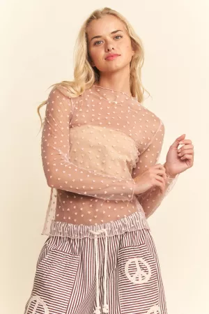 wholesale clothing sheer mesh heart print long sleeve top davi & dani