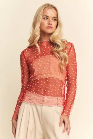 wholesale clothing sheer mesh heart print long sleeve top davi & dani