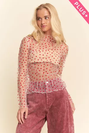 wholesale clothing plus sheer mesh heart print long sleeve top davi & dani