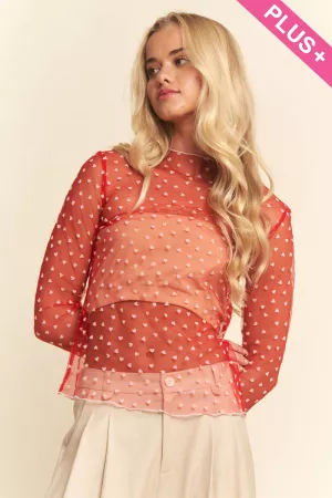 wholesale clothing plus sheer mesh heart print long sleeve top davi & dani