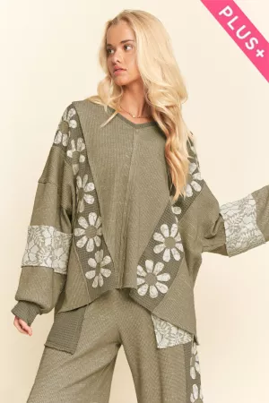 wholesale clothing plus heavy waffle knit lace flower sweatshirt top davi & dani