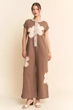 wholesale clothing flower patchwork detail french terry jumpsuit davi & dani