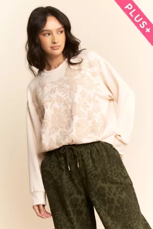 wholesale clothing plus sheer floral embroidery on self sweatshirt davi & dani