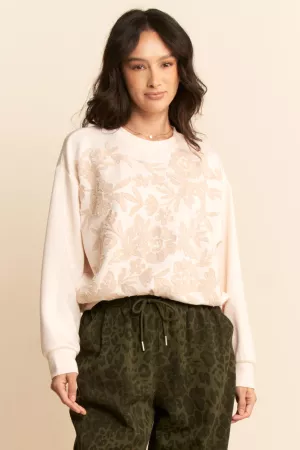 wholesale clothing sheer floral front embroidery on self sweatshirt davi & dani