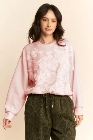 wholesale clothing sheer floral front embroidery on self sweatshirt davi & dani