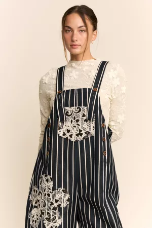 wholesale clothing strip denim crochet lace pocket loose fit overall davi & dani