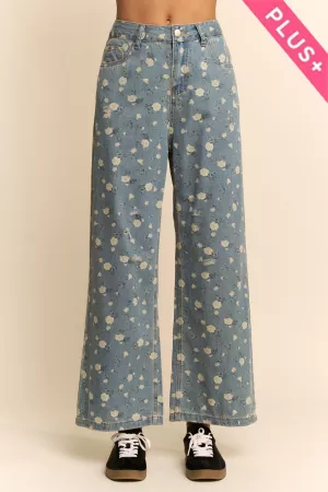 wholesale clothing plus floral print high waisted denim pants davi & dani