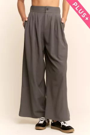 wholesale clothing plus solid back pocket shirring wide leg pants davi & dani