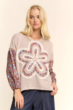 wholesale clothing waffle knit multi-flower print sleeves top davi & dani