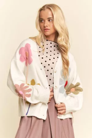 wholesale clothing 3d flower textures v-neck button down cardigan davi & dani