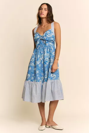 wholesale clothing flower print denim stripe button front dress davi & dani