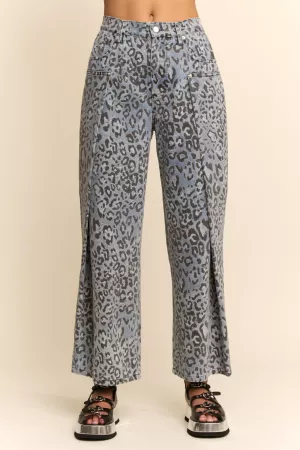 wholesale clothing leopard print front slit wide leg jeans davi & dani