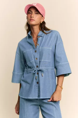 wholesale clothing dark wash denim shirt relaxed denim pant set davi & dani