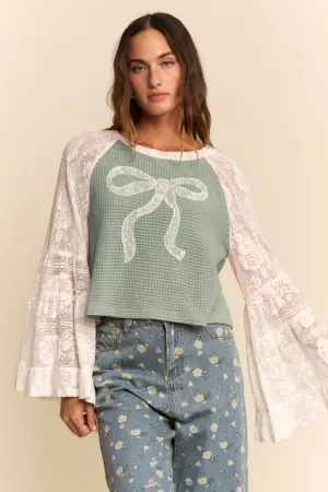 wholesale clothing soft waffle knit lace bow patchwork top davi & dani