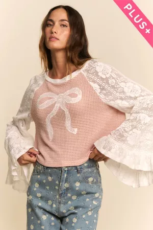 wholesale clothing plus soft waffle knit lace bow patchwork top davi & dani
