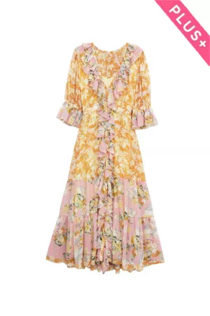 wholesale clothing plus printed chiffon ruffle button midi dress davi & dani