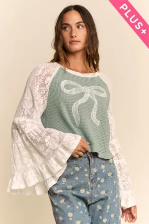 wholesale clothing plus soft waffle knit lace bow patchwork top davi & dani