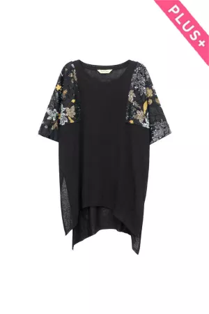 wholesale clothing plus sequin floral mesh sleeve high-low tunic top davi & dani