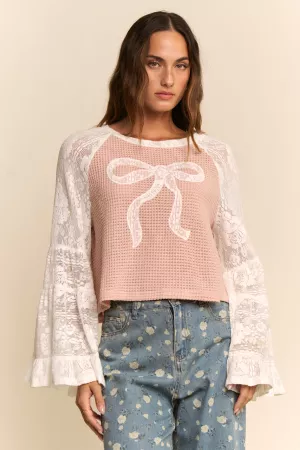 wholesale clothing soft waffle knit lace bow patchwork top davi & dani