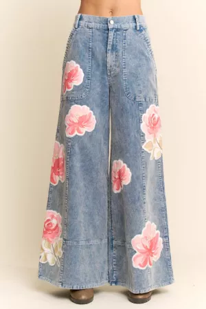 wholesale clothing floral print wide leg denim pants davi & dani