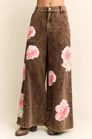 wholesale clothing floral print wide leg denim pants davi & dani