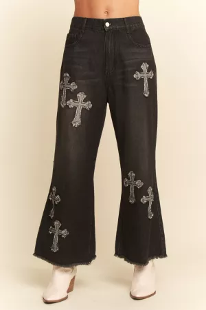 wholesale clothing washed denim antique wide opening leg long pants davi & dani