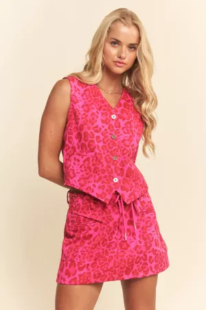 wholesale clothing pink leopard sleeveless button up v-neckline vest davi & dani