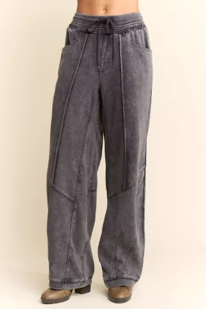 wholesale clothing washed french terry contrast waist barrel pants davi & dani