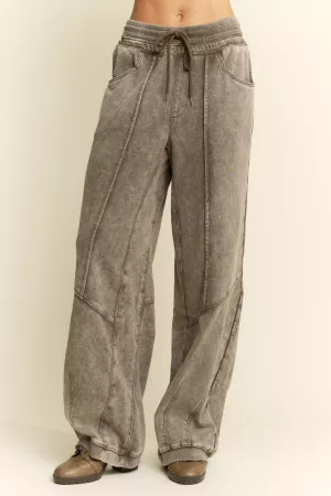 wholesale clothing washed french terry contrast waist barrel pants davi & dani