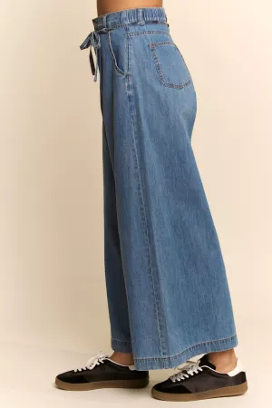 wholesale clothing high waisted wide leg denim pants self tie belt davi & dani